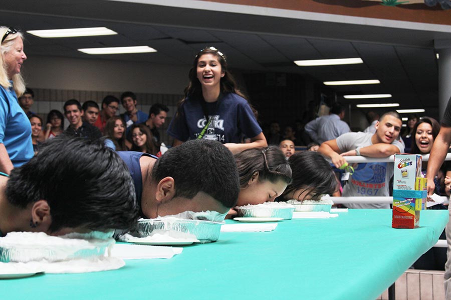 Students search for Swedish Fish in a whipped cream pie during a Homecoming lunch activity. 