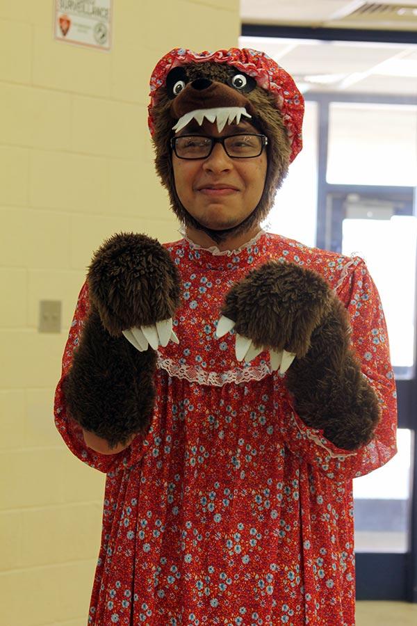 Carlos dressed as grandma wolf.