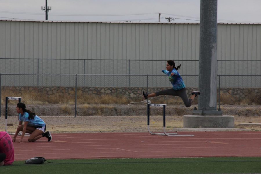 Hurdler Paola during track practice, in early February.