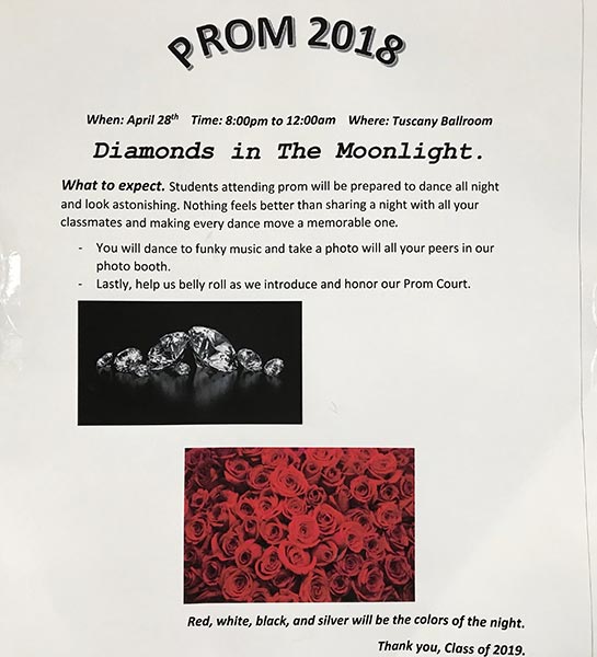 Poster made by Class of 2019 with prom information.