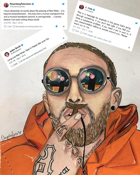 Art from a fan of Mac Miller and tweets from celebrities in response to his death.