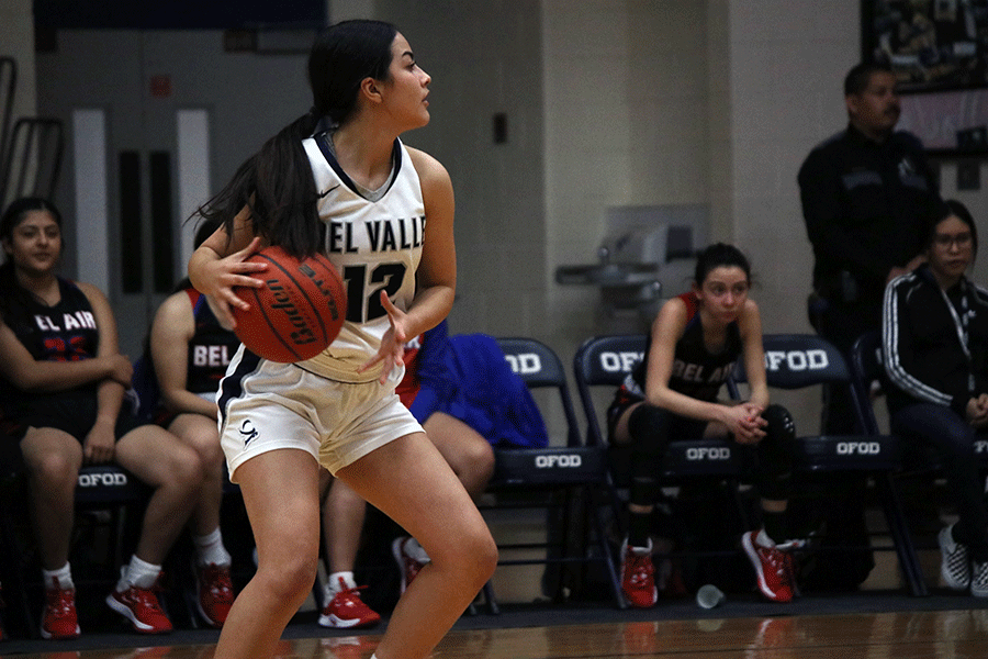 Varsity guard Vianna looks to pass the ball 
in the game against Parkland High School, Feb. 11. The girls won 53-35.