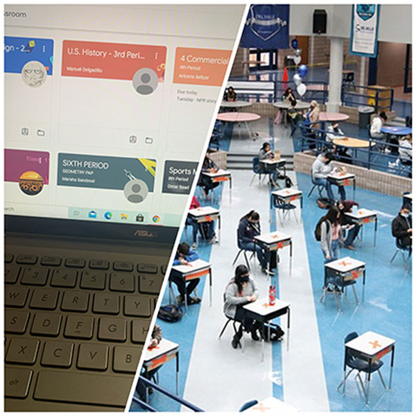 On left students attend online school through Google Classroom. On right  students in Hubs set up before in-person school starts.