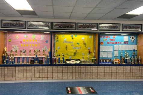 Trophies showcase the school year in the main hall. 
